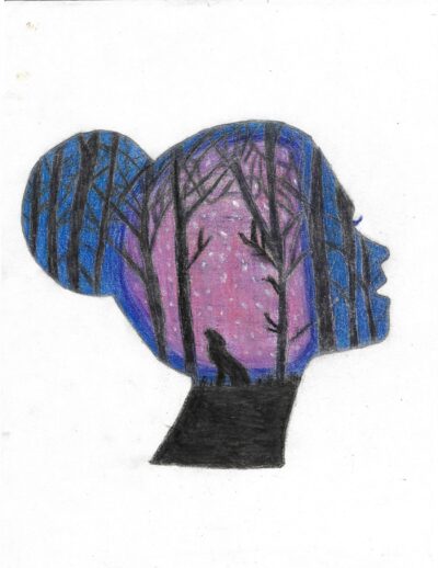 silueta de mujer con paisaje dentro de cuadro