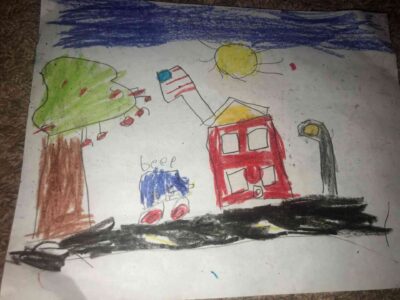 casa, coche y pintura de la bandera de EEUU