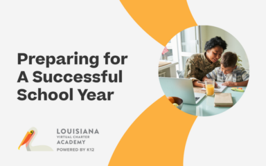 Infografía titulada «Preparándose para un curso escolar con éxito» para la Louisiana Virtual Charter Academy, en la que aparece un padre ayudando a un alumno a estudiar en casa.
