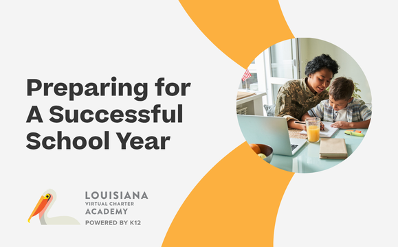 Infografía titulada «Preparándose para un curso escolar con éxito» para la Louisiana Virtual Charter Academy, en la que aparece un padre ayudando a un alumno a estudiar en casa.