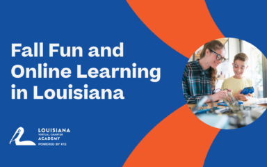 Imagen de la Louisiana Virtual Charter Academy en la que aparecen un padre y un alumno estudiando juntos, con el texto «Diversión otoñal y aprendizaje en línea en Luisiana».